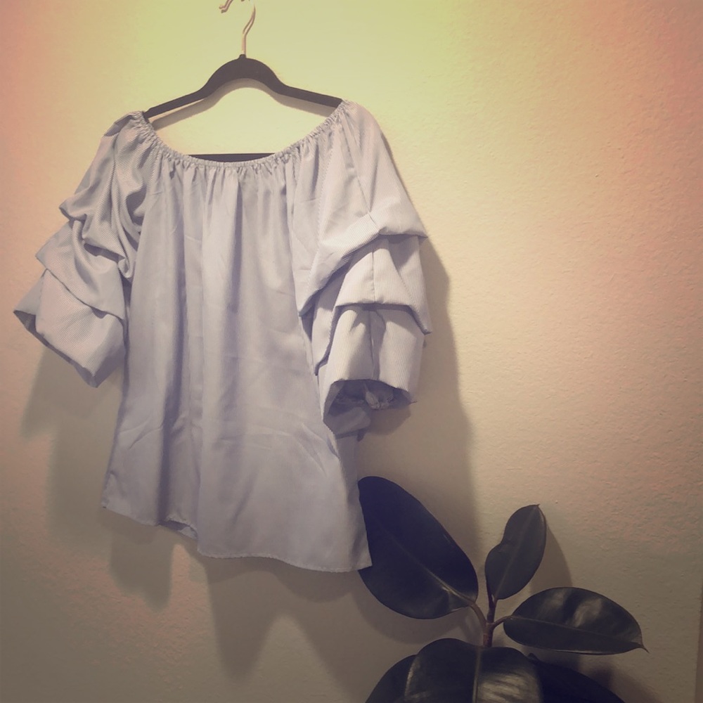 Blue/White Striped Ruffle Sleeve Top